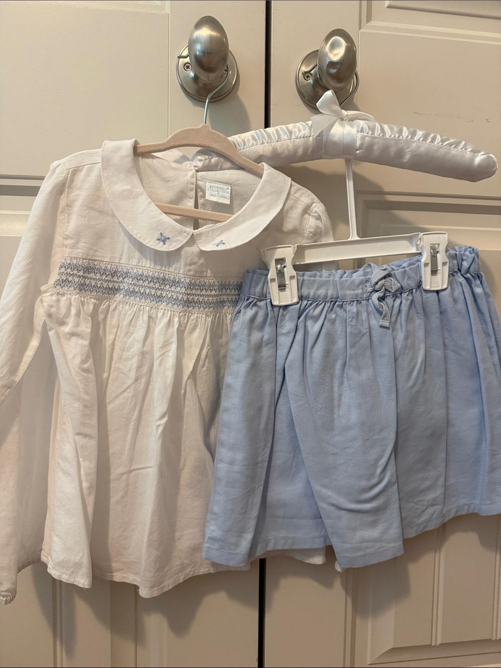 White Smocked Peter Pan Collar Top with Light Blue Skirt